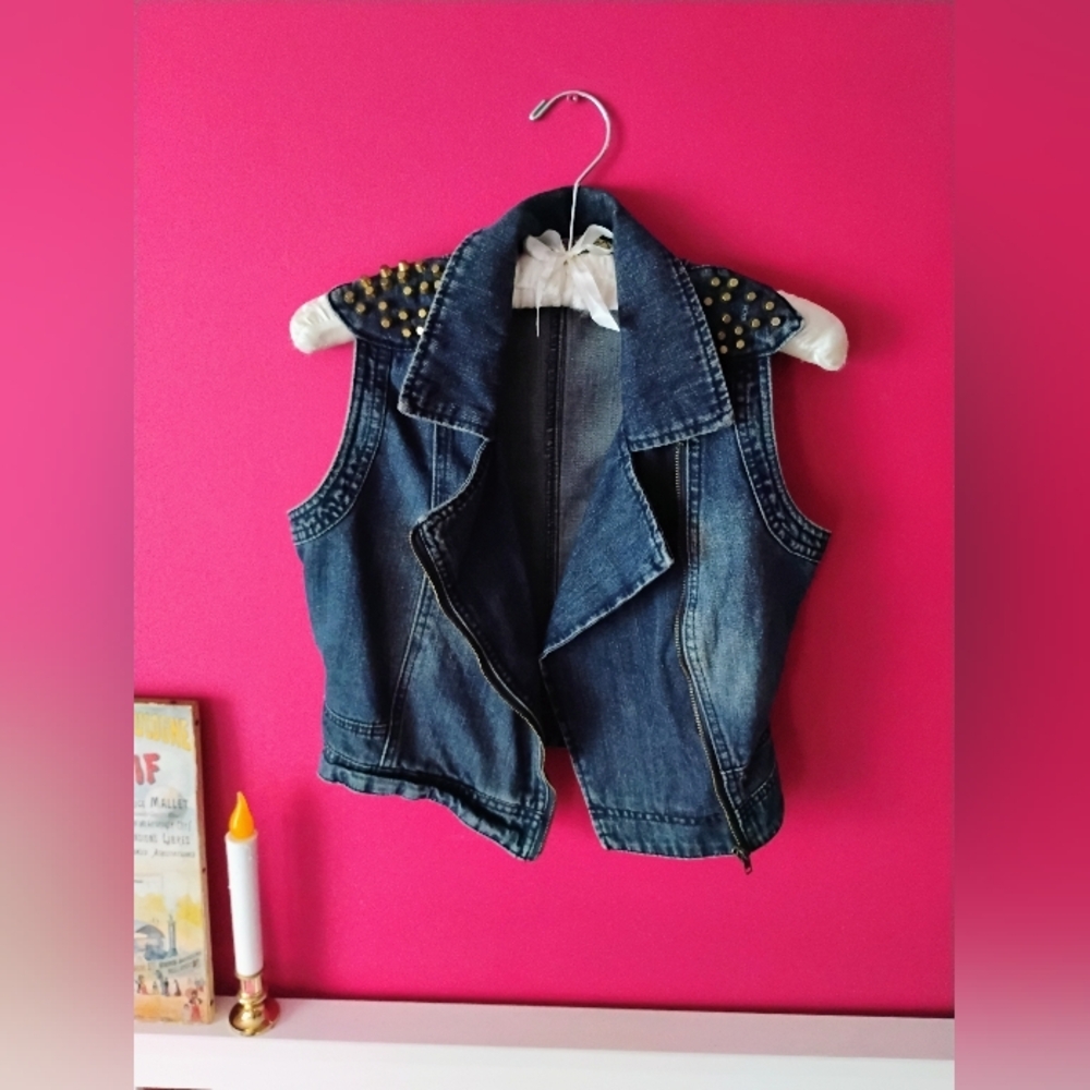 Y2K VINTAGE Dark Blue Denim Vest w/Gold Studs & Zipper • Highway Jeans • SIZE S